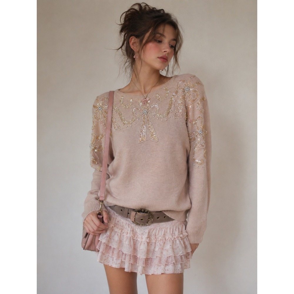 VTG 80s Pastel Pink Silk Angora Sequin Bow Faux Pearl Sweater Women S Coquette